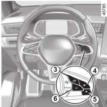 Car interior diagram with numbered component labels and a magnified inset showing a steering wheel and dashboard.
