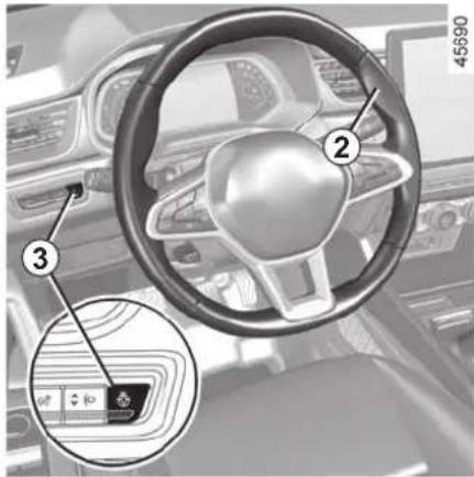 Interior view of a car dashboard with numbered parts and a highlighted control panel showing icons