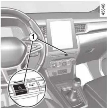 Car interior photo with labeled control panel and directional arrow indicator