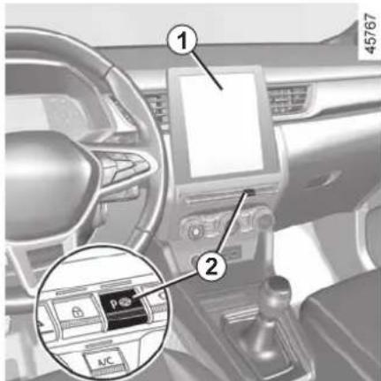 Interior view of a car dashboard with labeled components and a close-up inset showing battery pack and A/C interface.