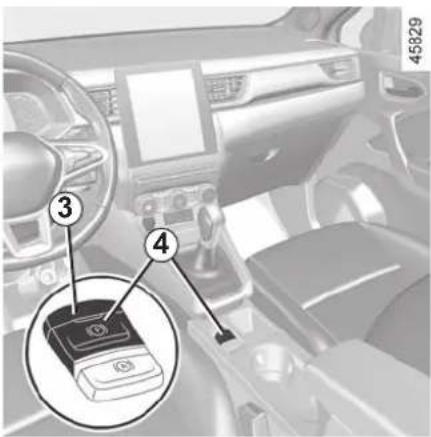 Interior view of a car dashboard with numbered annotations pointing to a key panel and a device.