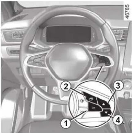 Interior view of a car dashboard with numbered parts and a close-up inset showing a steering wheel and dashboard.