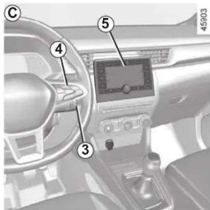 Interior view of a car dashboard with numbered components and a digital display screen