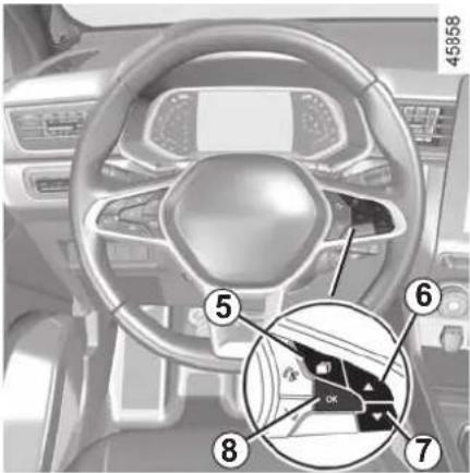 Interior view of a car dashboard with numbered parts and a magnified inset showing a steering wheel and key components.