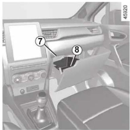 Car interior panel with labeled components including a touchscreen display and numbered parts 7 and 8