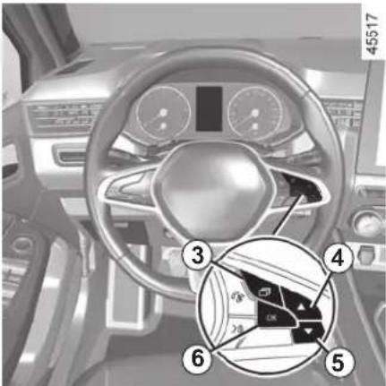 Car dashboard interior with numbered component labels and a magnified inset showing steering wheel and key controls