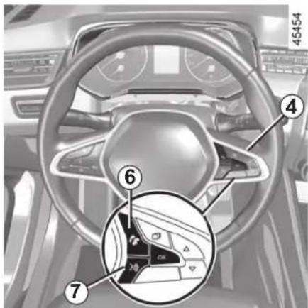 Diagram of a car interior with numbered parts and a magnified view of the steering wheel