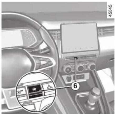 Interior view of a car dashboard with labeled controls and a highlighted device panel showing a warning symbol.