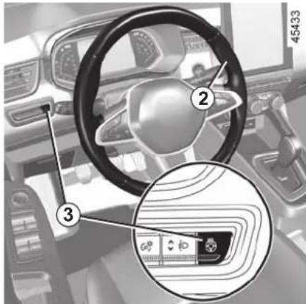 Diagram of a car interior showing steering wheel, dashboard, and dashboard controls with numbered annotations