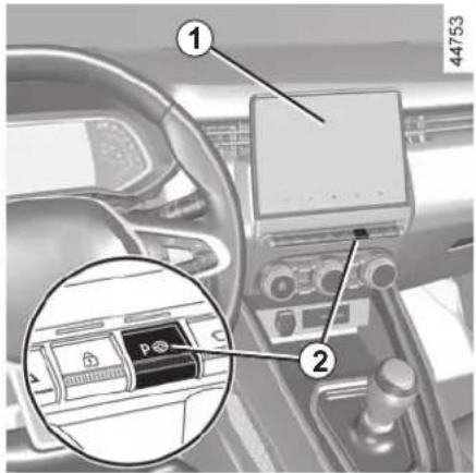 Car interior photo with numbered annotations highlighting a parking control panel and a magnified inset showing the parking slot.