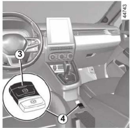 Interior view of a car dashboard with numbered parts and a close-up inset showing a device labeled '3' and component '4'.