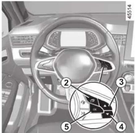 Interior view of a car dashboard with numbered parts and a magnified inset showing a steering wheel and key dial.