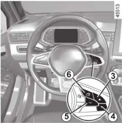 Car interior diagram with numbered components and a magnified inset showing a steering wheel and dashboard