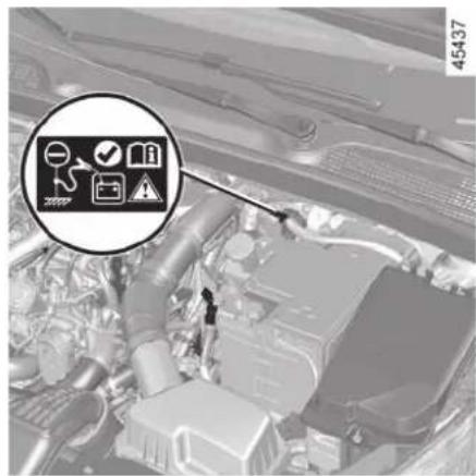 Automotive engine bay with warning icon and safety symbols, showing vehicle components and status indicators