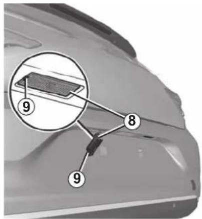 Diagram of a car front panel with numbered parts and an inset showing a component labeled '9'