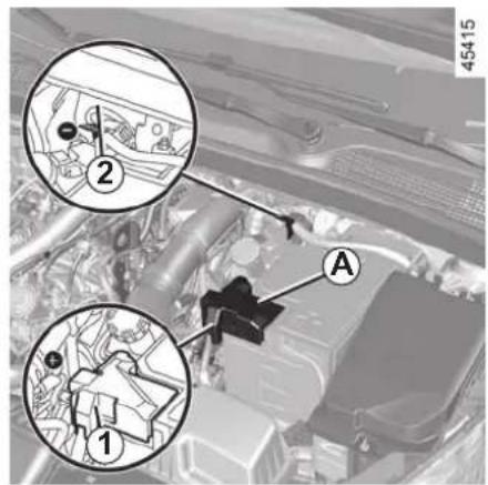 Technical diagram of a vehicle engine bay with labeled parts and annotations
