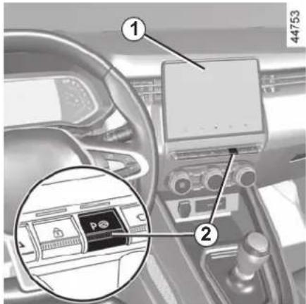 Diagram of a car interior showing labeled components and a magnified view of the main panel with a battery icon.