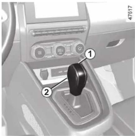 Car dashboard control panel with labeled buttons and switches, showing numbered annotations for mode and function controls.