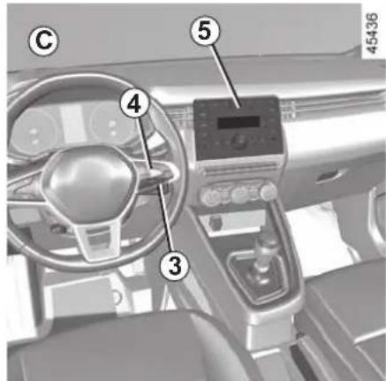 Interior view of a car dashboard with numbered components and a digital display on the steering wheel