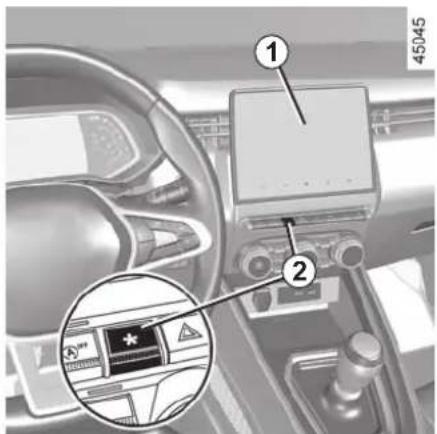 Car interior photo with numbered components and a highlighted inset showing a device labeled '45045' and warning symbol.