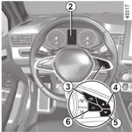 Diagram of a car dashboard with numbered parts and an inset close-up showing a steering wheel and dashboard interior.