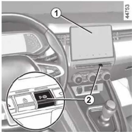 Car interior photo with numbered annotations highlighting a parking slot and a magnified inset showing the parking slot.