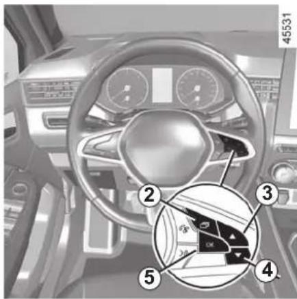 Diagram of a car dashboard with numbered parts and a magnified inset showing a steering wheel and key adjustment panel.