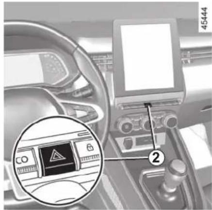 Car dashboard screenshot with labeled control panel and warning symbol, showing a car's interior and inflection point