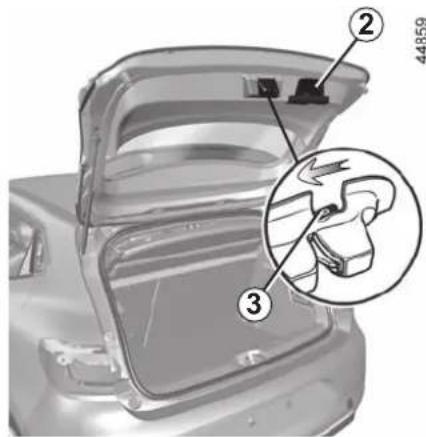Technical diagram of a car rearview with labeled parts and an inset showing a hand tool interacting with the door.