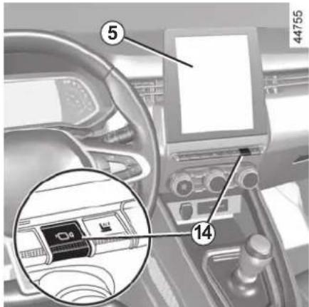 Diagram of a device interior with labeled components and an inset showing a device with a logo and number 14.