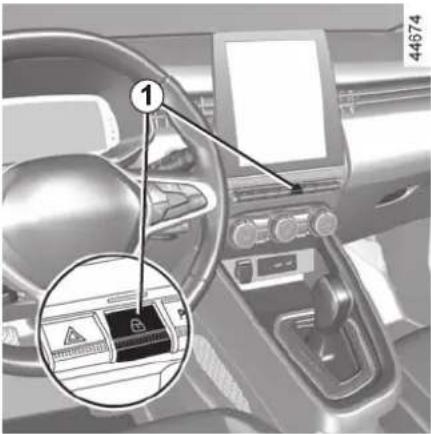Car interior photo with labeled component '1' and a warning icon showing a battery.