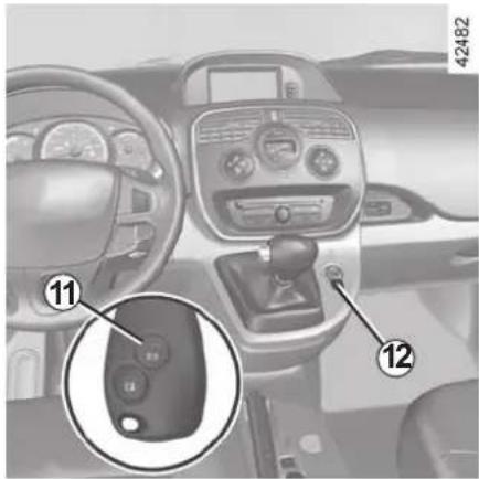 Interior view of a car dashboard with labeled controls and a highlighted control panel showing two buttons