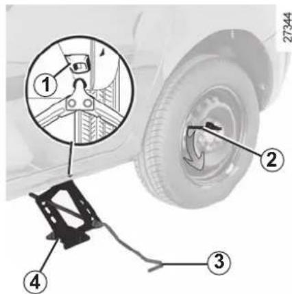 Diagram showing car wheel assembly with numbered parts: inspecting wheel, mounting bracket, and wiring connection.
