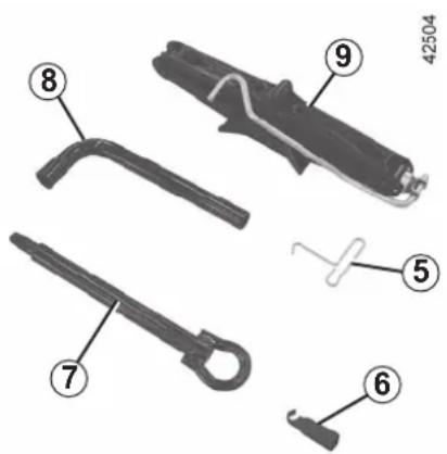 Labeled diagram of a mechanical component with numbered parts, including a handle and clip assembly.