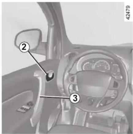 Diagram of car interior with numbered parts, likely indicating steering or navigation components