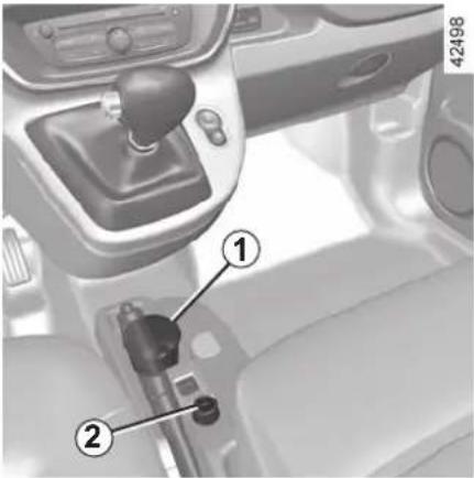 Technical diagram of a vehicle gear shift lever with labeled parts ① and ②