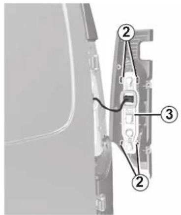 Diagram of a car door panel with numbered annotations pointing to internal components