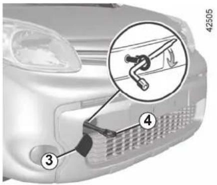 Diagram of a car's front panel with numbered parts and a magnified detail showing mechanical components
