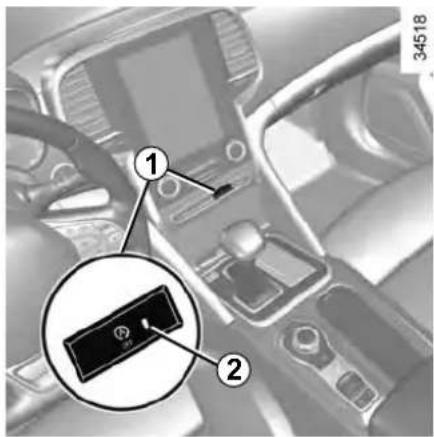 Diagram of a car interior showing labeled components and a magnified inset of a device with a button.