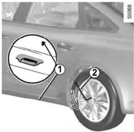 Diagram showing car wheel and battery compartment with labeled parts, including a magnified inset of the battery compartment.