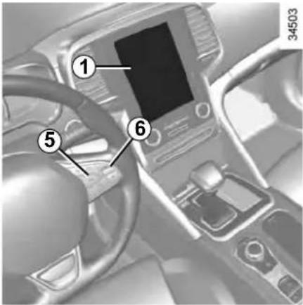 Car interior panel with numbered labels pointing to a device, showing dashboard and steering wheel