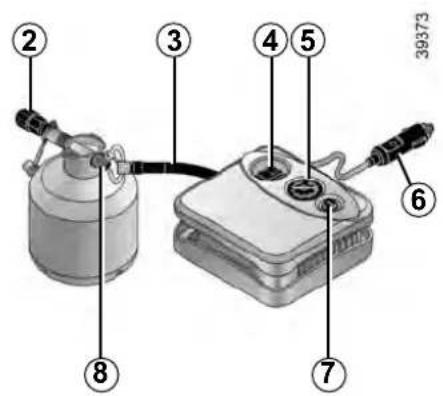 Labeled diagram of a gas cylinder device with numbered parts for identification