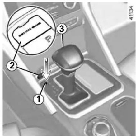 Diagram of a car gear shift lever with labeled parts and a magnified inset showing the device's internal structure.