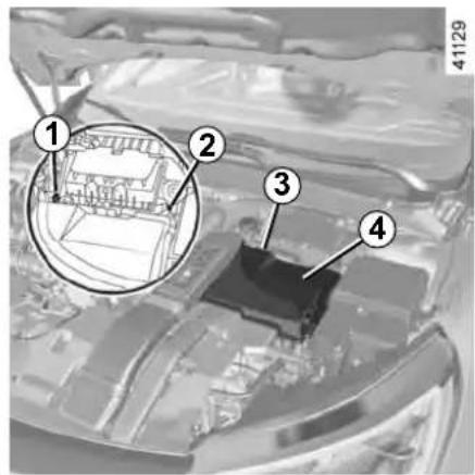 Technical diagram of a car hood with numbered annotations pointing to structural components
