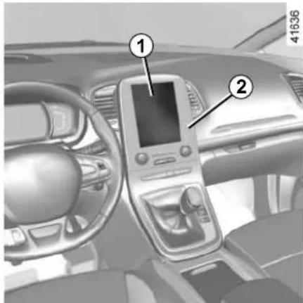 Interior view of a car dashboard with labeled parts, showing the steering wheel and digital display screen