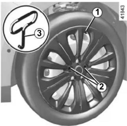 Diagram of a car wheel with numbered parts and an inset showing a bracket labeled '3'