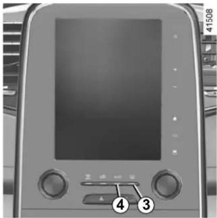 Device control panel with labeled buttons and display screen, showing numbered annotations 3 and 4 pointing to function keys.