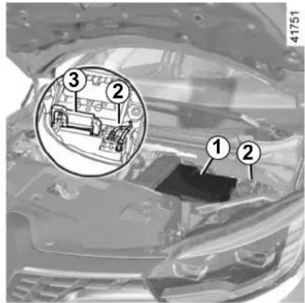 Technical diagram of a car engine bay with numbered components and a magnified inset showing internal components.