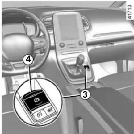 Interior view of a car dashboard with labeled parts including a touchscreen device and a hand panel, showing numbered annotations.