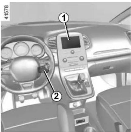 Interior view of a car dashboard with labeled parts including steering wheel, digital display, and control panel